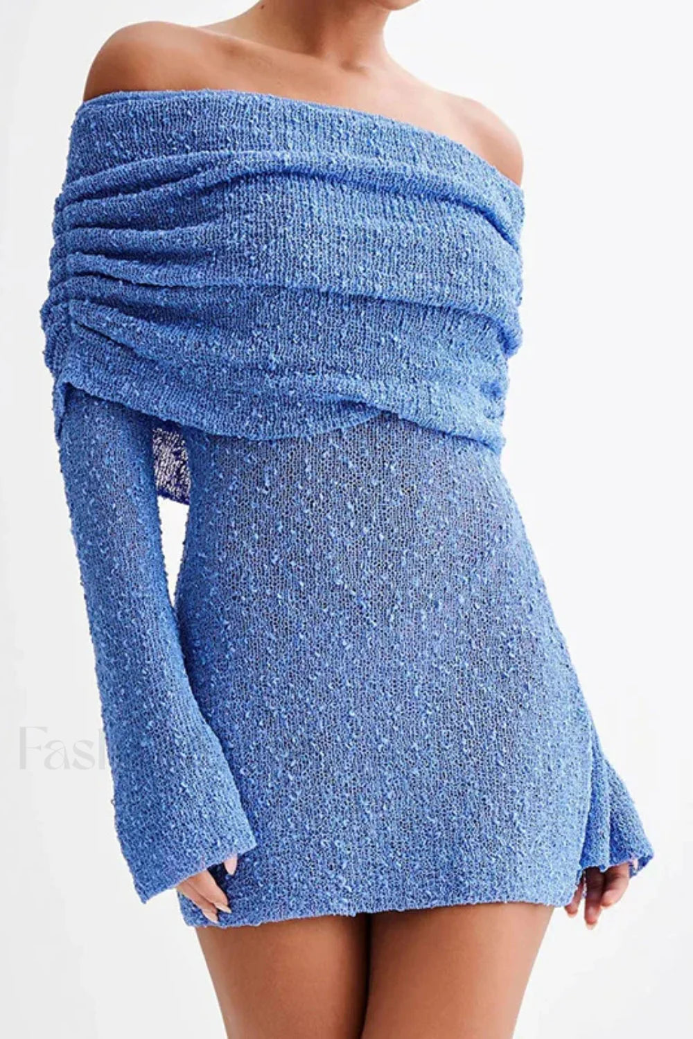 Knitted Hollow Off-Shoulder Long Sleeve Mini Dress
