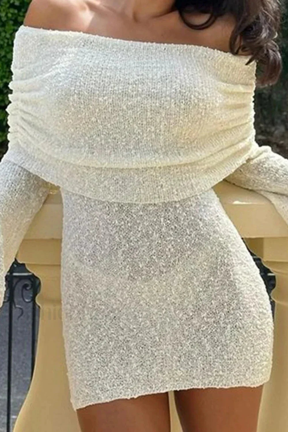 Knitted Hollow Off-Shoulder Long Sleeve Mini Dress