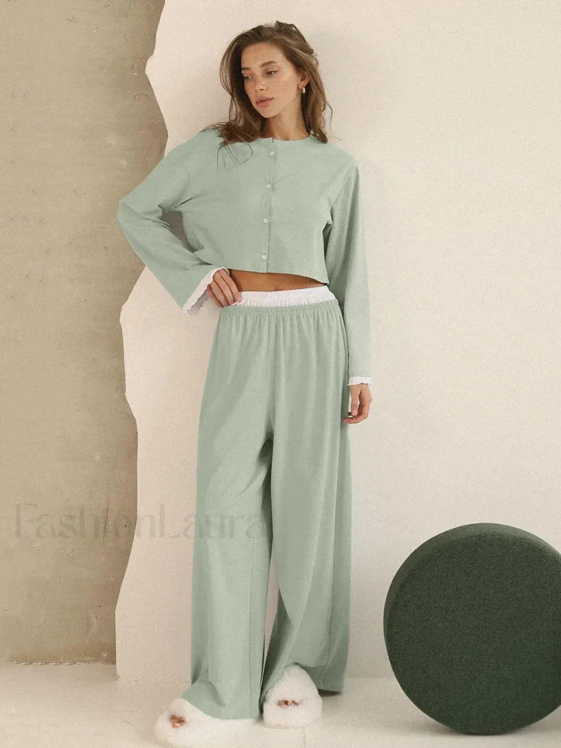 Knitted Long Sleeve Crop Pants Two Piece Set