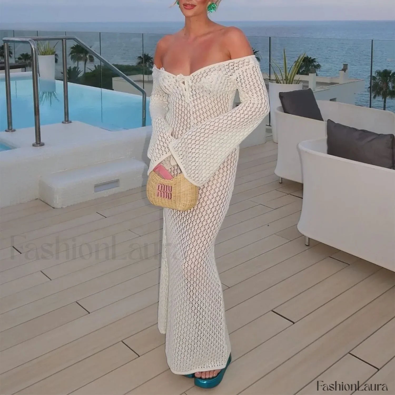 Knitted Long Sleeve V Neck Tie Up Cover Up