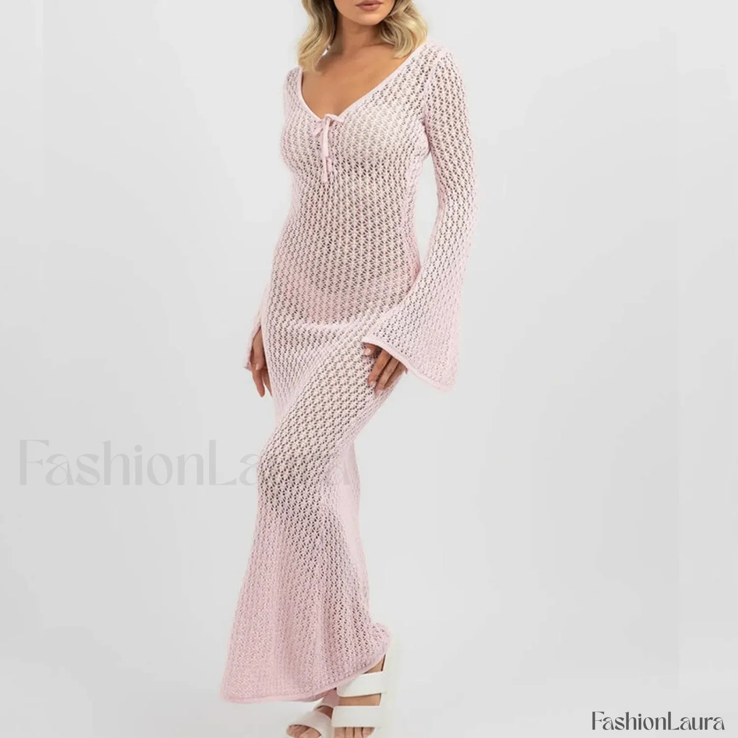 Knitted Long Sleeve V Neck Tie Up Cover Up