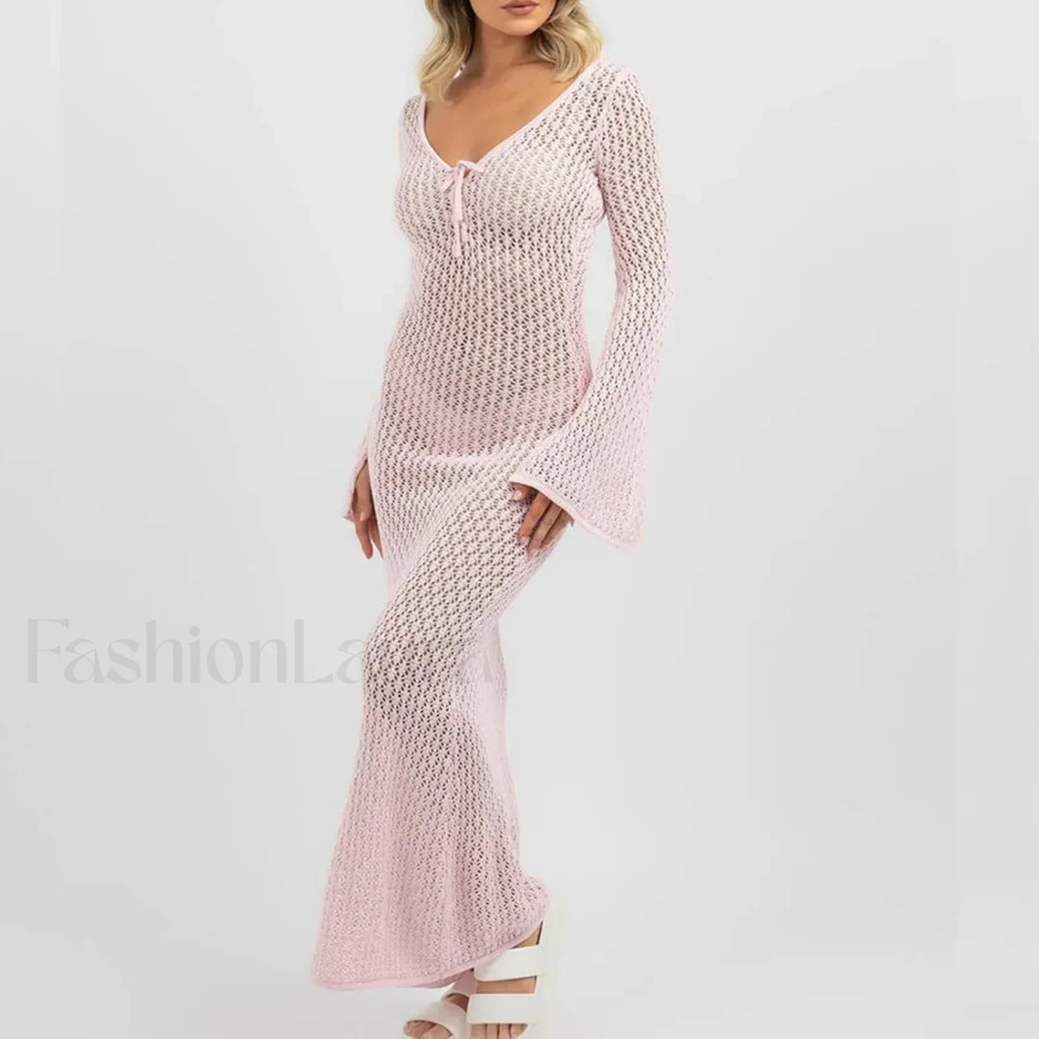 Knitted Long Sleeve V Neck Tie Up Cover Up
