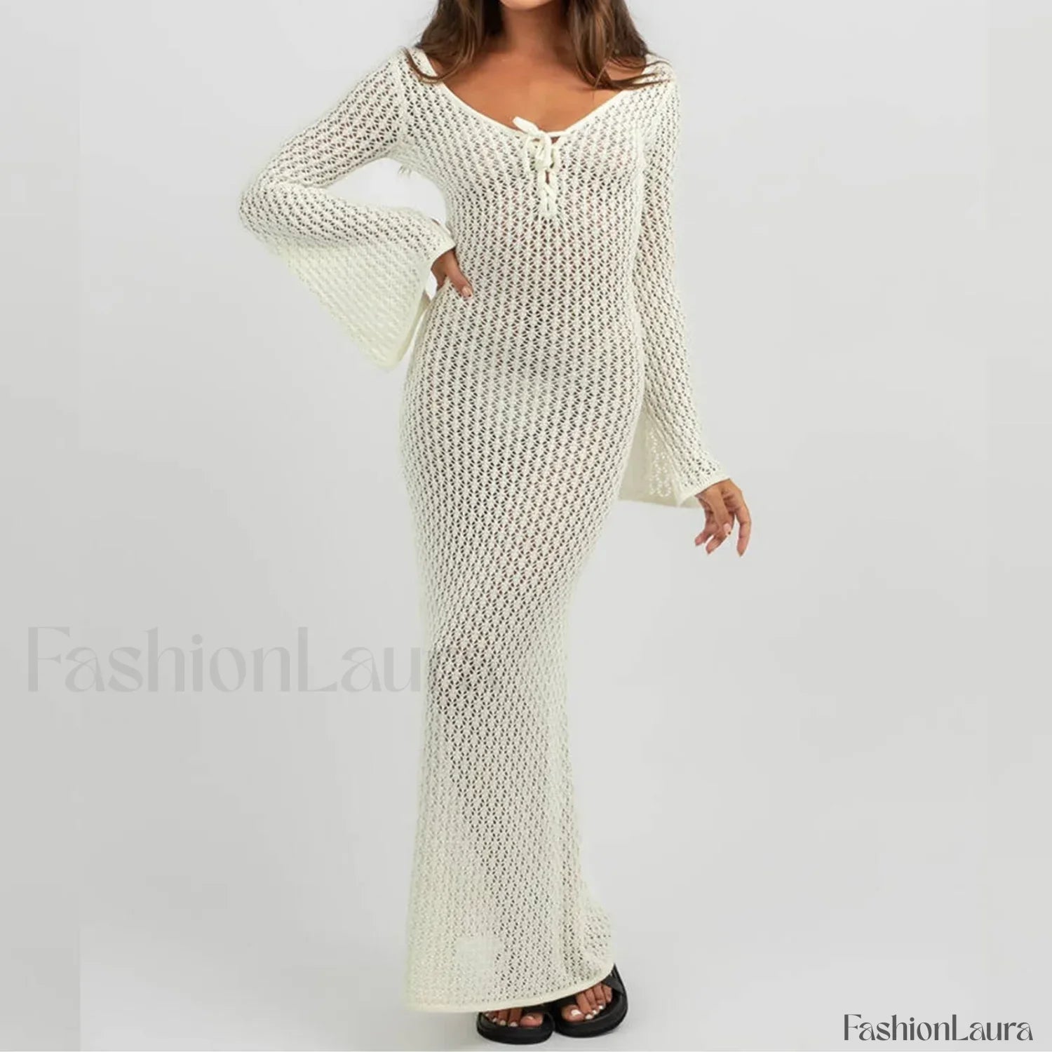 Knitted Long Sleeve V Neck Tie Up Cover Up
