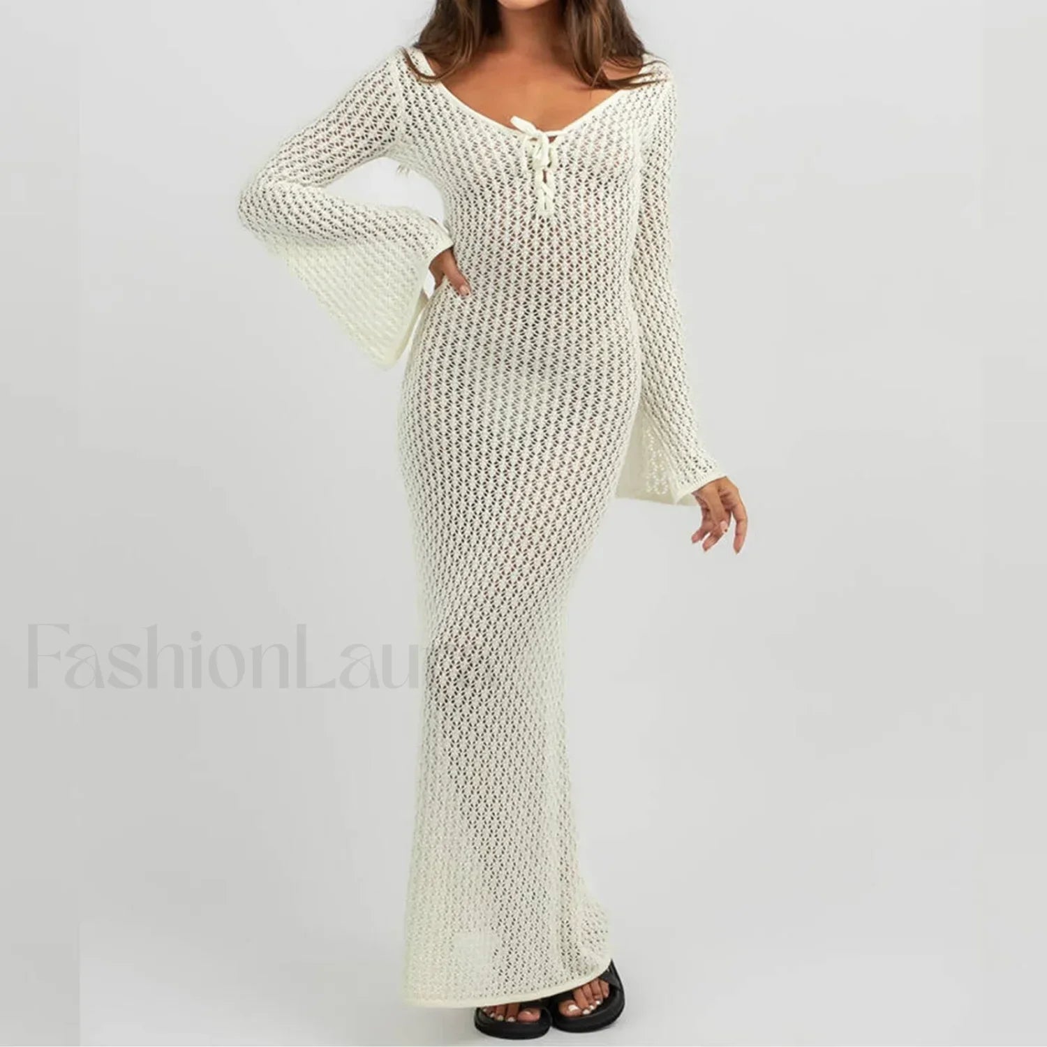 Knitted Long Sleeve V Neck Tie Up Cover Up