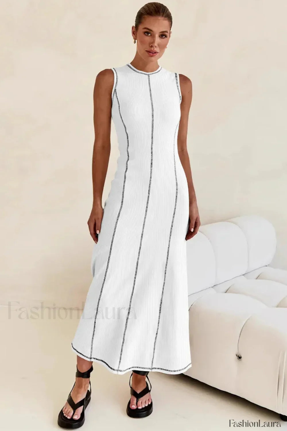 Knitted Sleeveless Round Neck A-Line Slip Dress