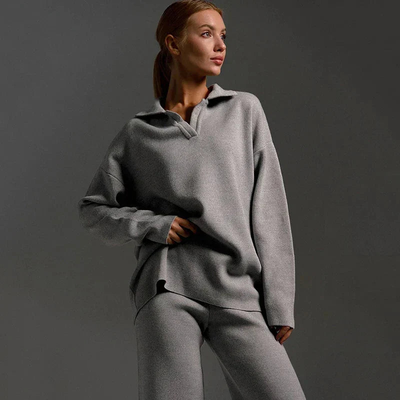 Knit Polo Collar Sweater and Wide Leg Pants Two Piece Set