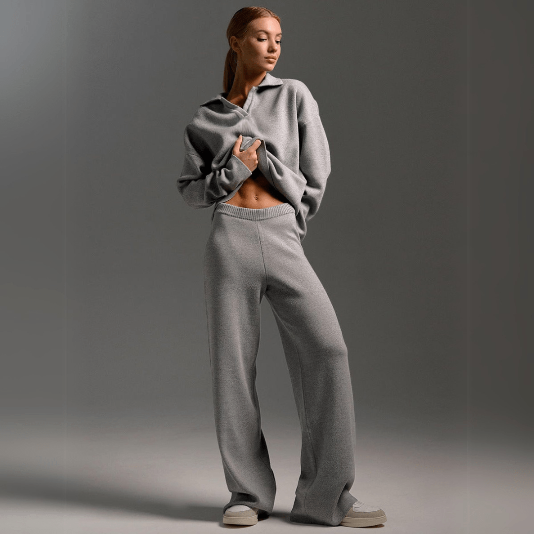 Knit Polo Collar Sweater and Wide Leg Pants Two Piece Set