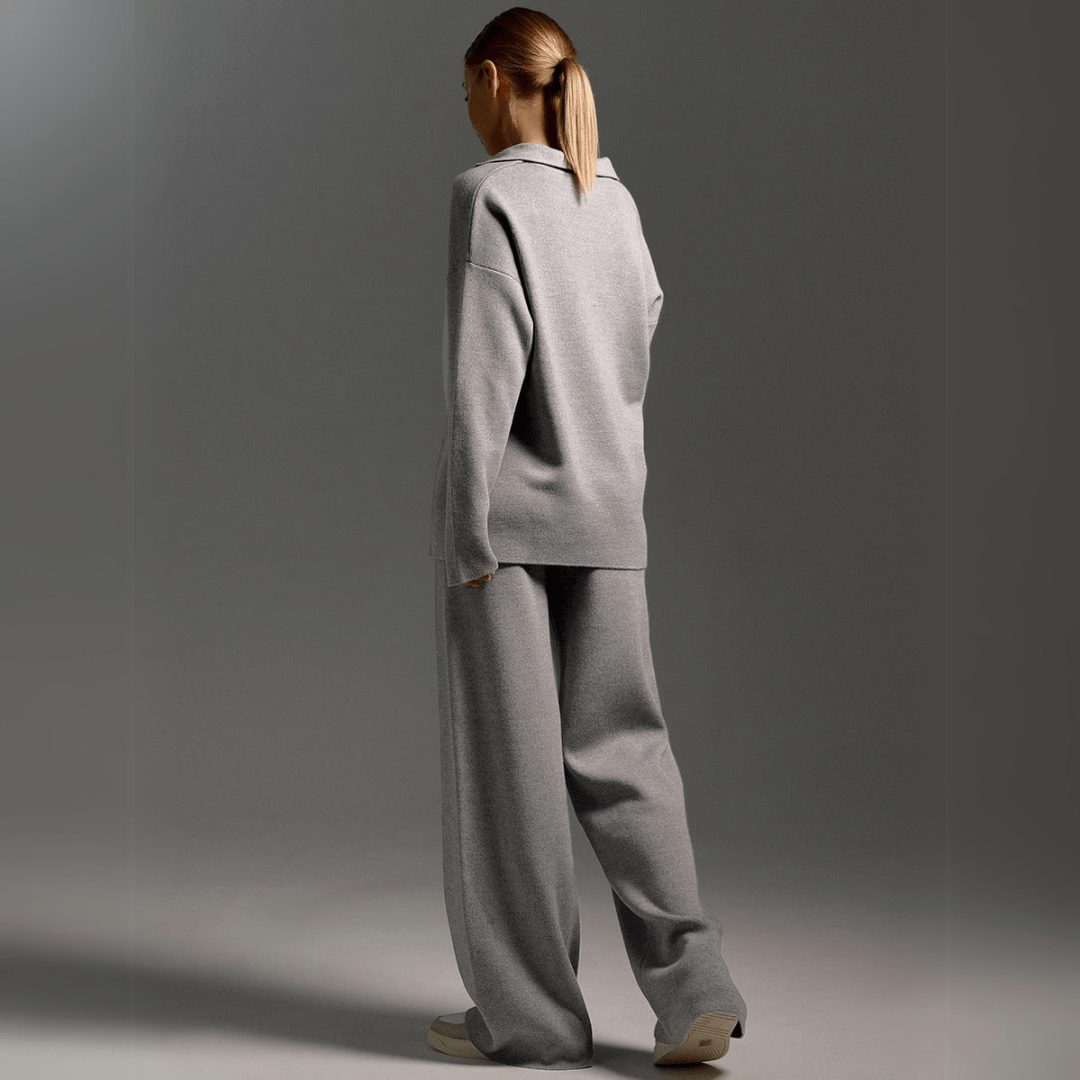 Knit Polo Collar Sweater and Wide Leg Pants Two Piece Set