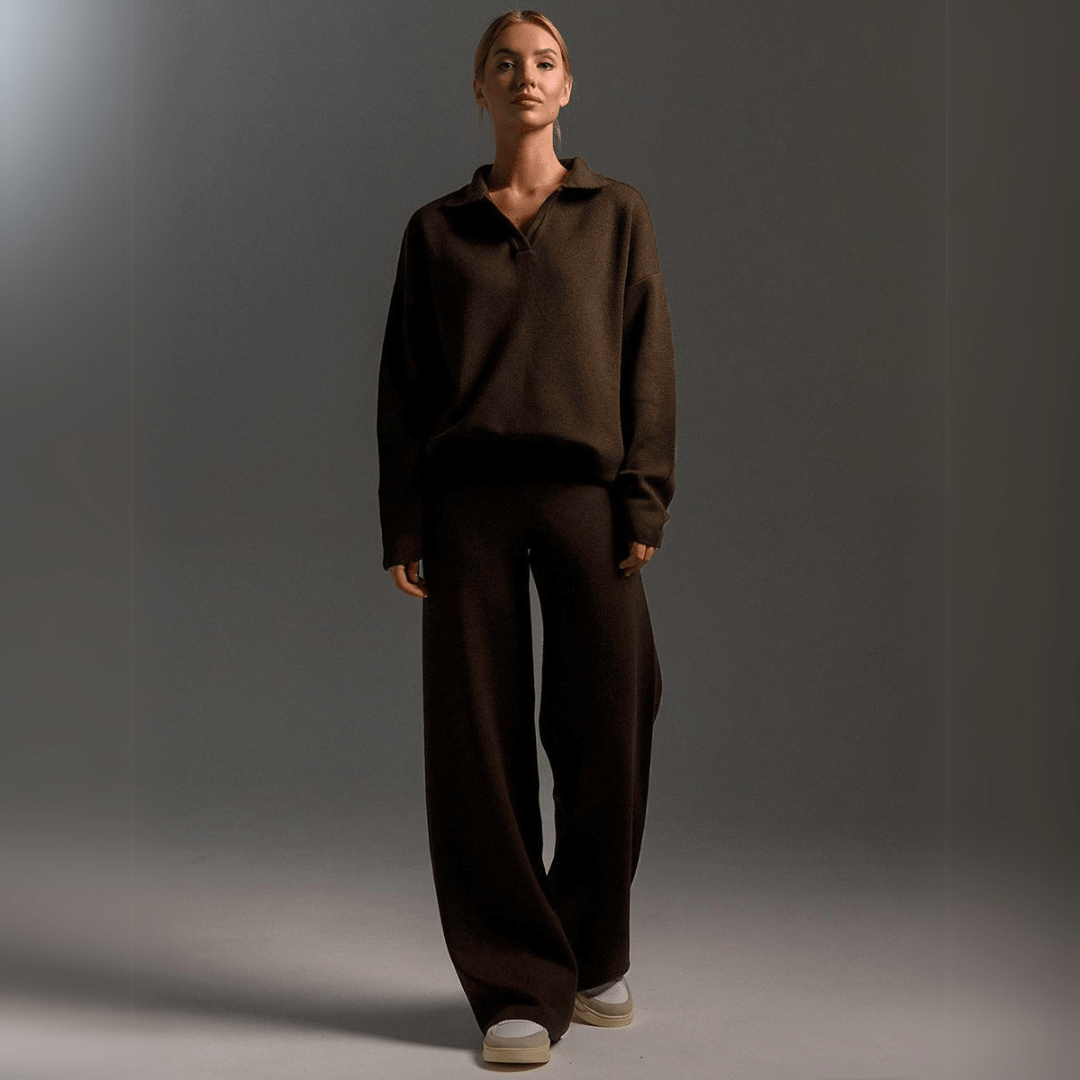 Knit Polo Collar Sweater and Wide Leg Pants Two Piece Set