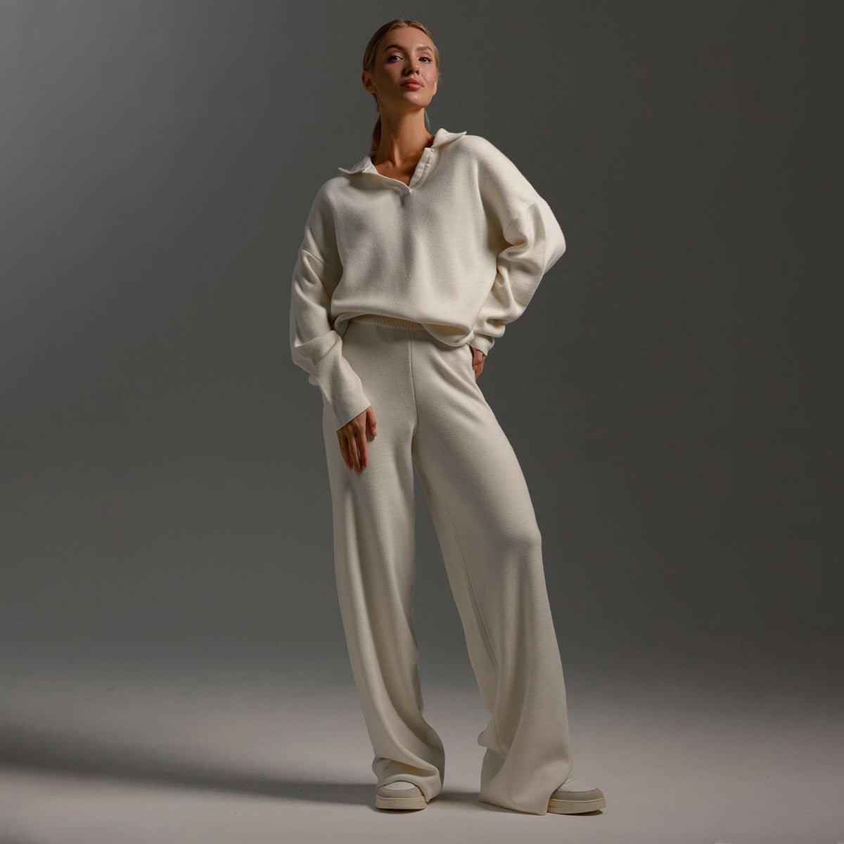 Knit Polo Collar Sweater and Wide Leg Pants Two Piece Set