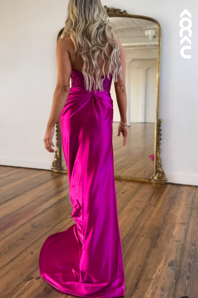 L2747 - Sheath/Column Halter Side Slit V-neck Sleeveless Ruched Party Prom Dress