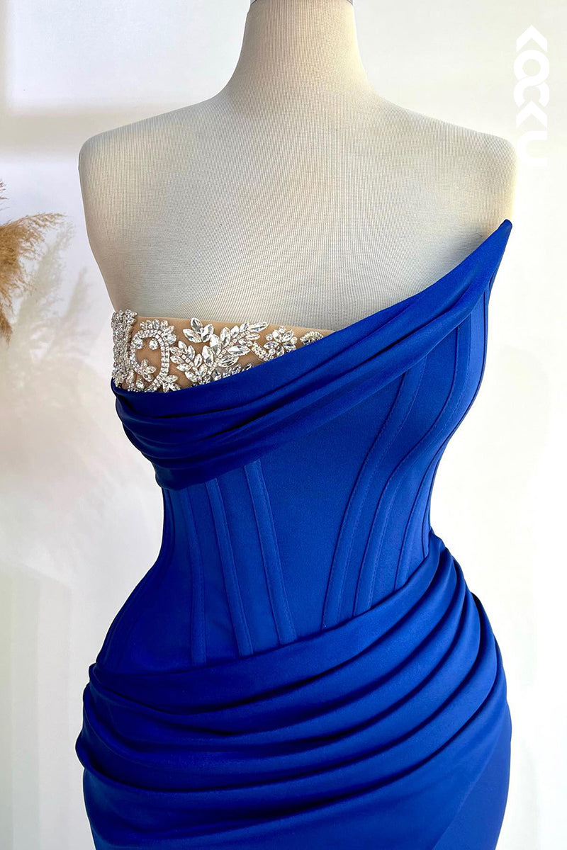L2503 - Sexy & Hot Sheath Asymmetrical Strapless Draped and Beaded Formal Party Prom Dress with High Side Slit