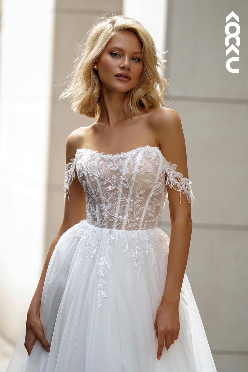 K1845 - Chic & Modern A-Line Off Shoulder Beaded and Fringed-Bead Wedding Dress
