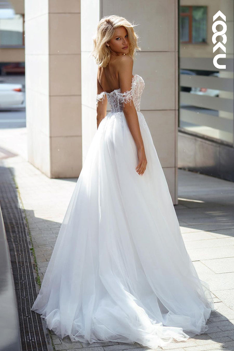 K1845 - Chic & Modern A-Line Off Shoulder Beaded and Fringed-Bead Wedding Dress