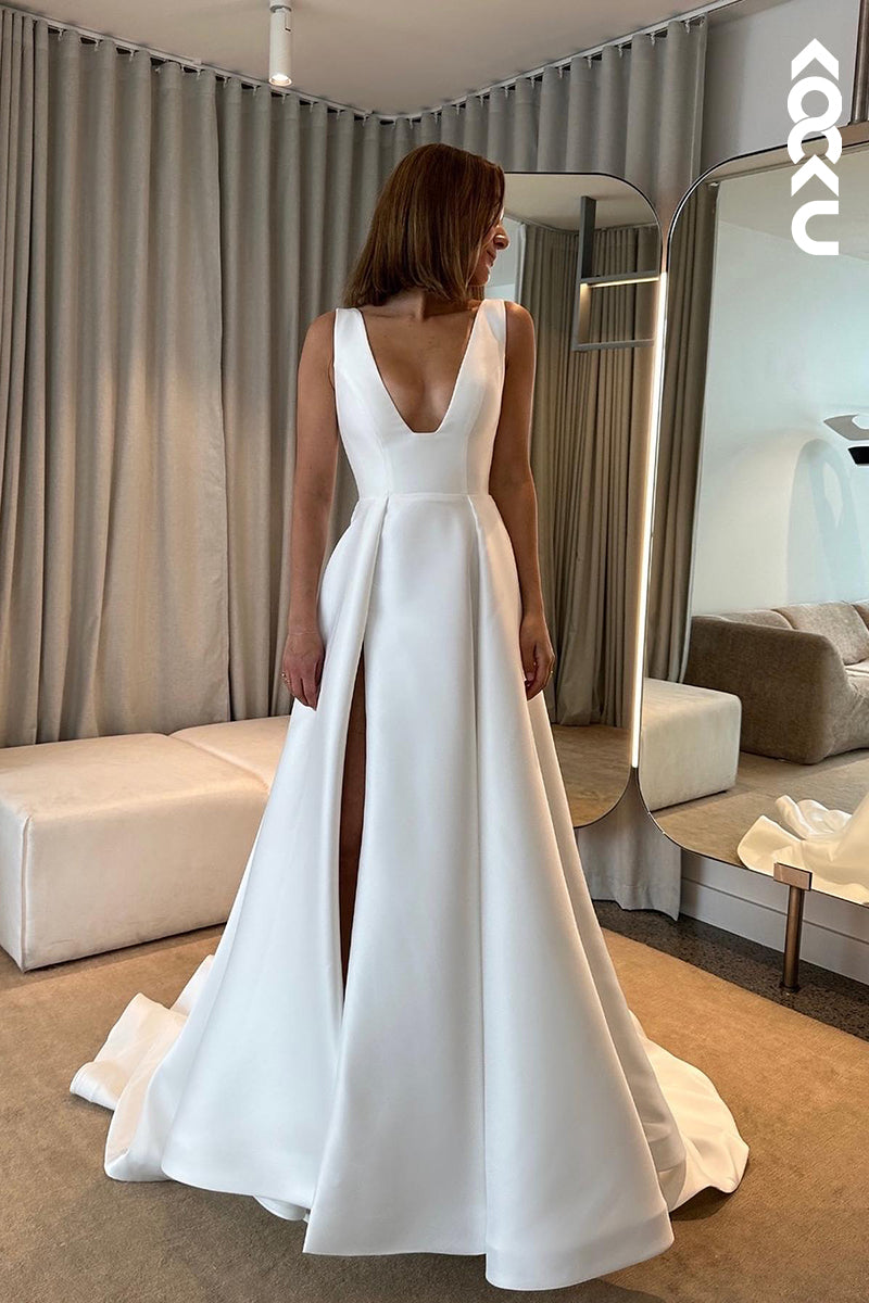 K1853 - Couture & Ornate A-Line V-Neck Draped Wedding Dress with High Side Slit and Sweep Train
