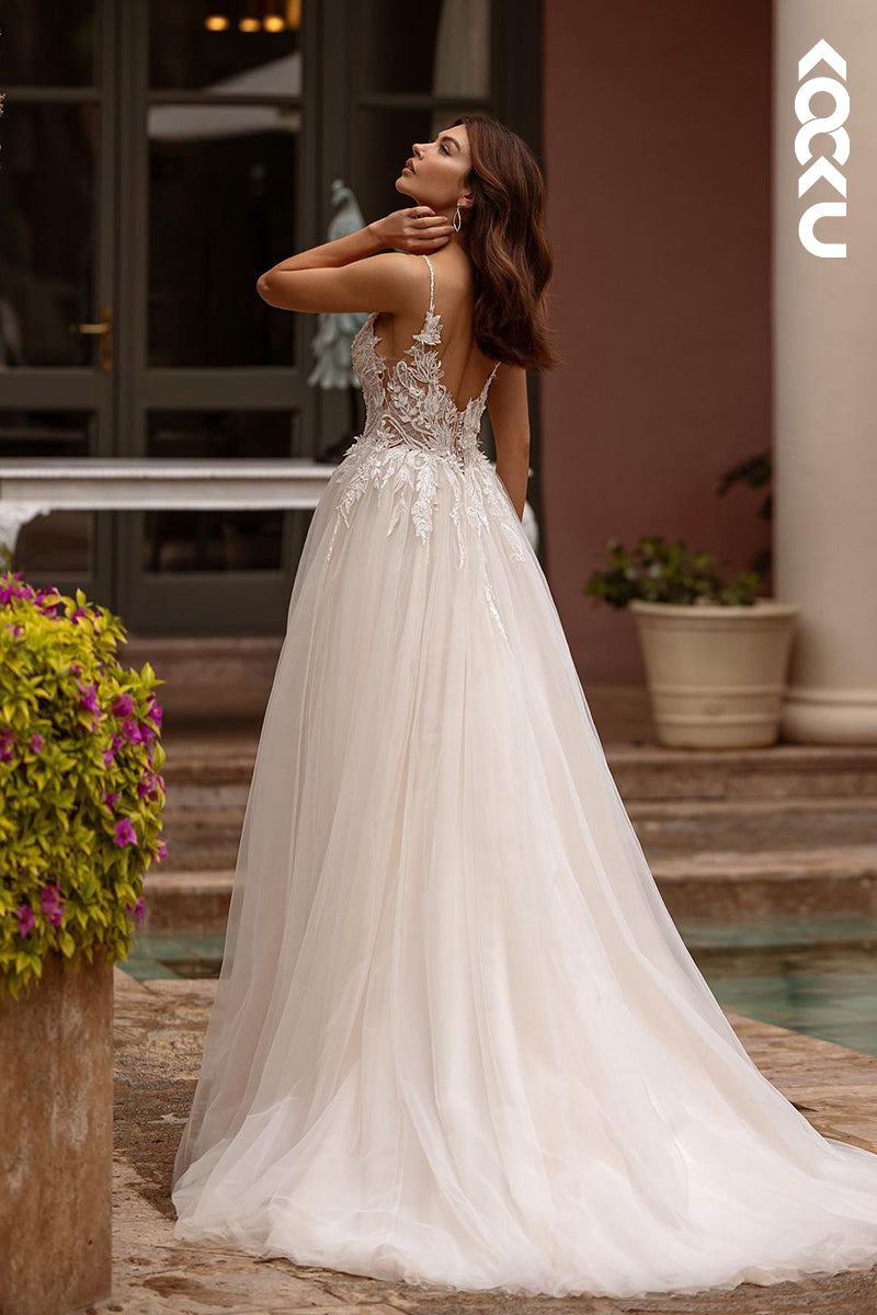 K1852 - Chic & Elegant A-Line V-Neck Straps Floral Embroidered and Appliqued Wedding Dress