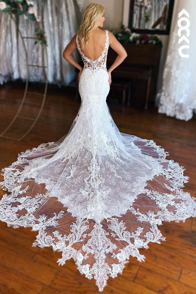 K1849 - Elegant & Luxurious V-Neck Floral Appliqued Long Wedding Dress with Sweep Train and Overlay