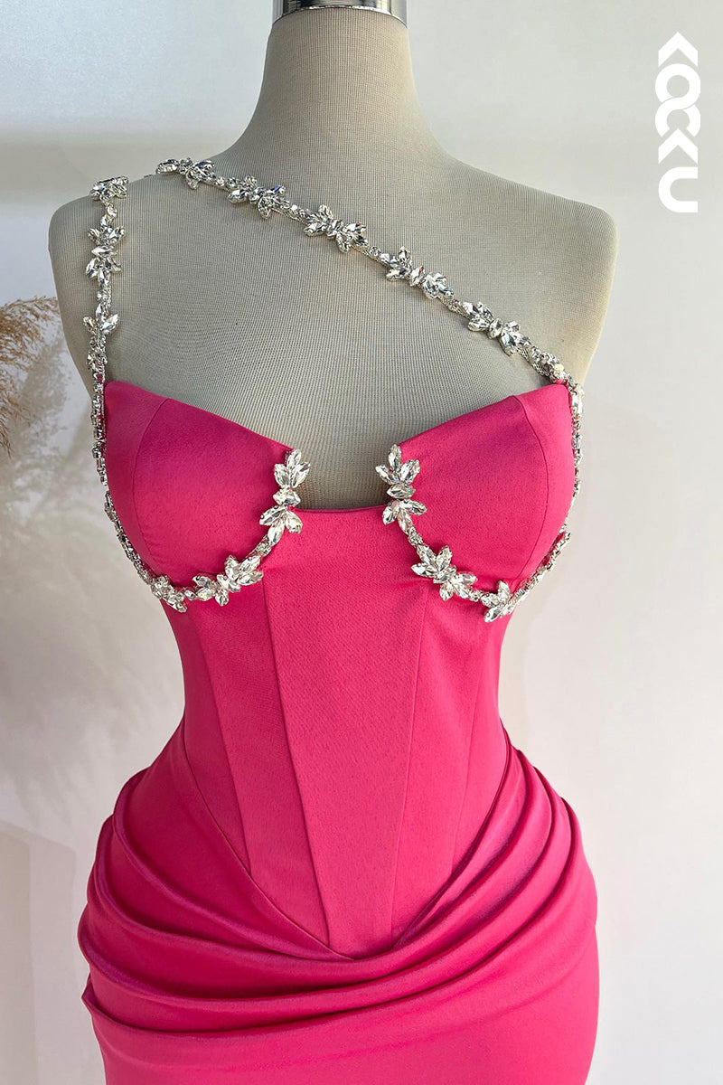 L2504 - Chic & Modern Sheath One Shoulder Floral Beaded and Draped Formal Party Prom Dress