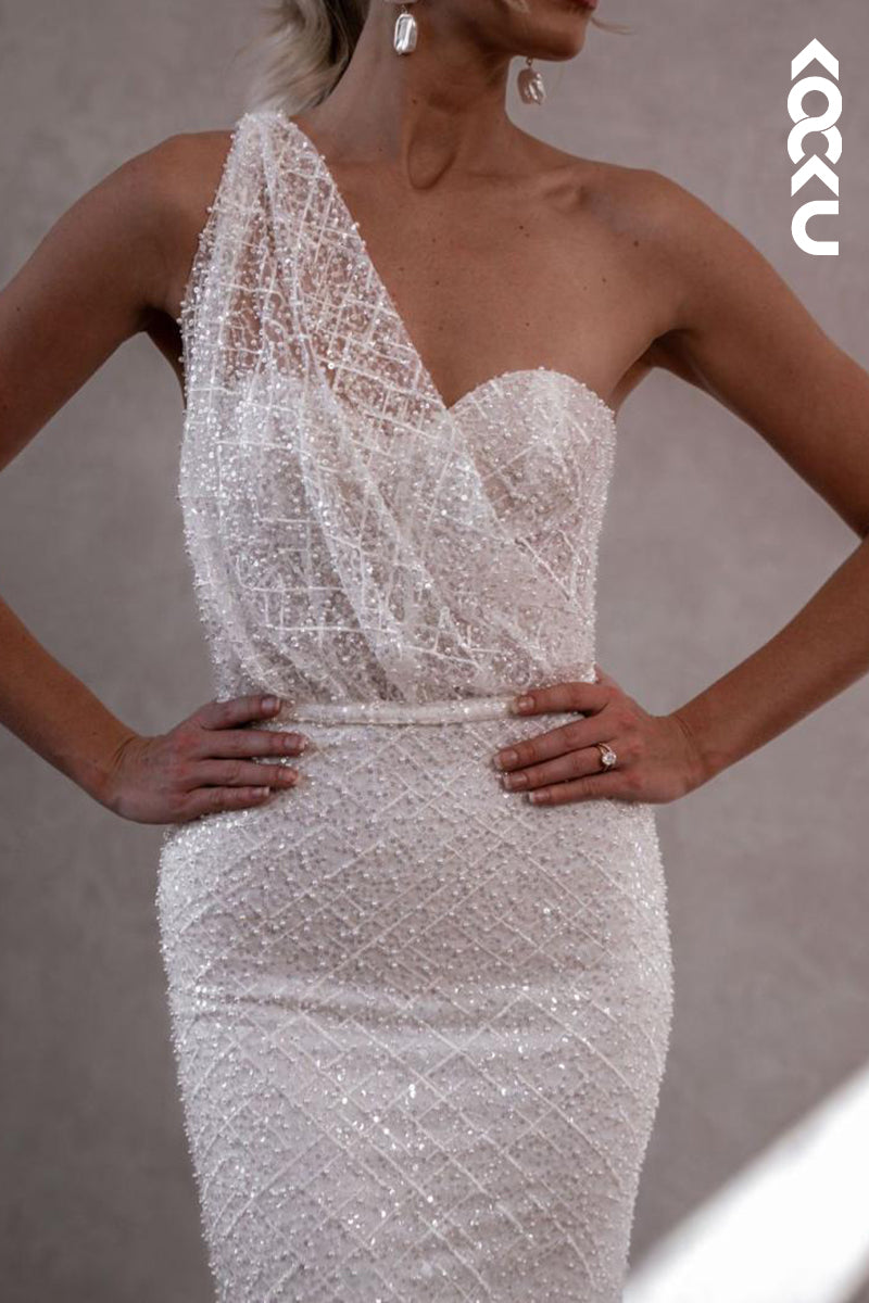 K1850 - Elegant & Modern Sheath One Shoulder Fully Beaded and Sequined Wedding Dress with Sweep Train