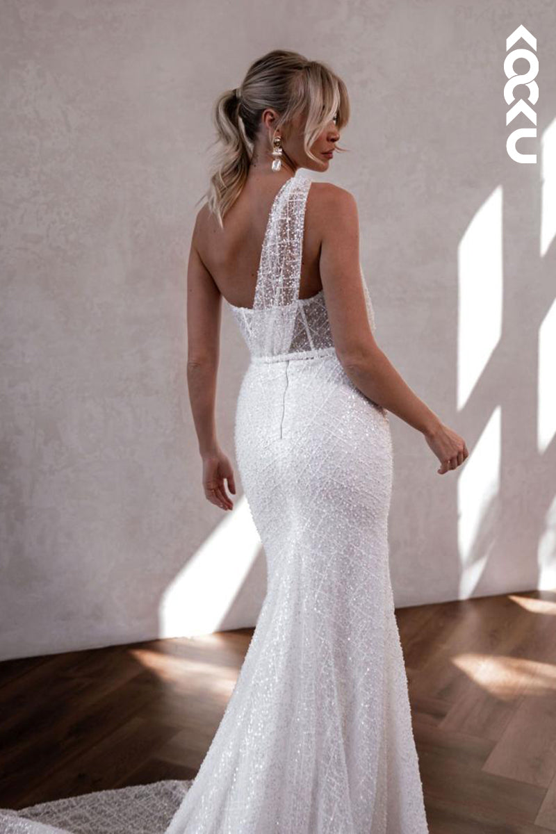 K1850 - Elegant & Modern Sheath One Shoulder Fully Beaded and Sequined Wedding Dress with Sweep Train
