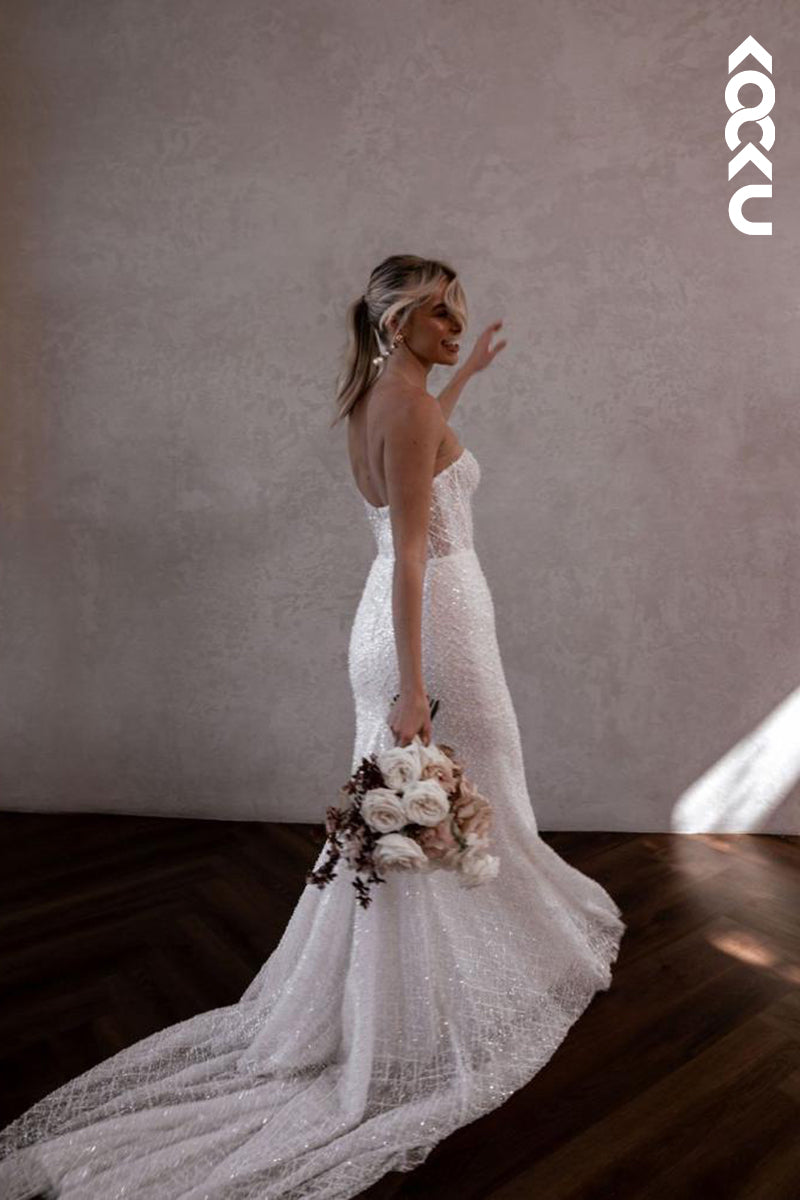 K1850 - Elegant & Modern Sheath One Shoulder Fully Beaded and Sequined Wedding Dress with Sweep Train