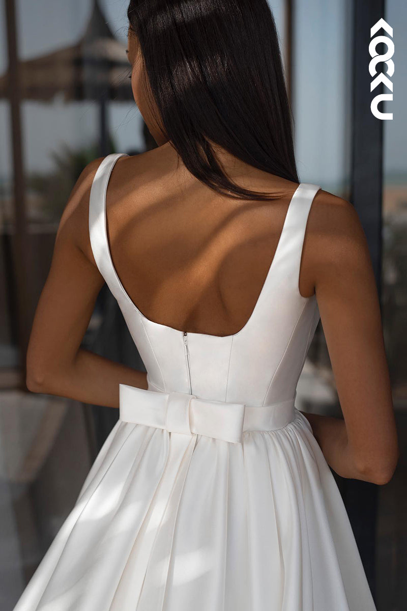 K1855 - Classic & Timeless A-Line Square Straps Draped Wedding Dress with Bowknot and Sweep Train