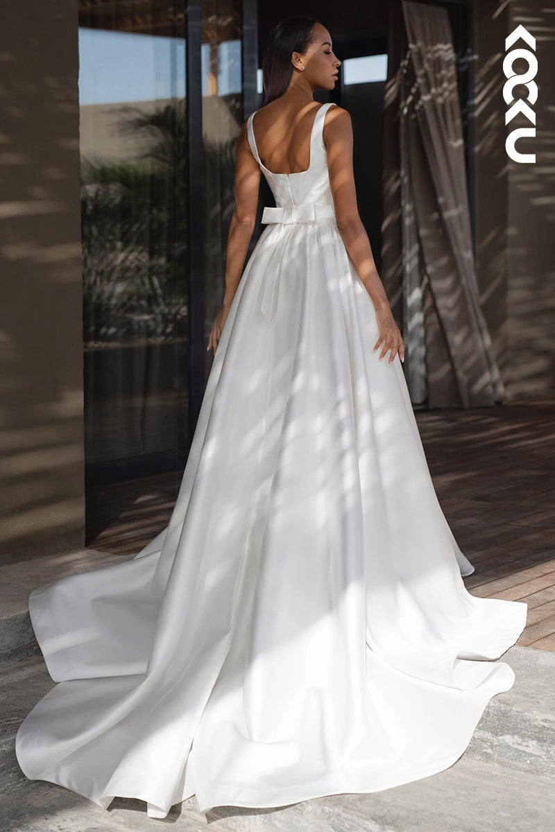 K1855 - Classic & Timeless A-Line Square Straps Draped Wedding Dress with Bowknot and Sweep Train