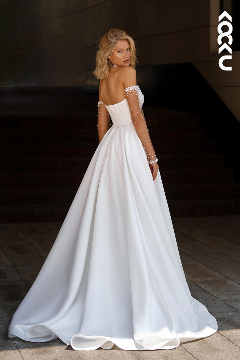 K1856 - Gorgeous & Charming A-Line V-Neck Cut-Outs Pearls Sleeves Drapd Wedding Dress with Bowknot and Sweep Train