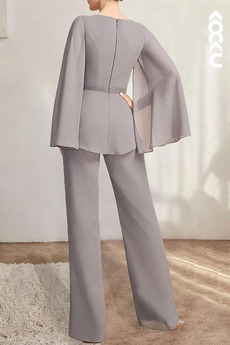 M6245 - Two-Piece Simple & Casual V-Neck Long Sleeves Chiffon Mother of the Bride Dress