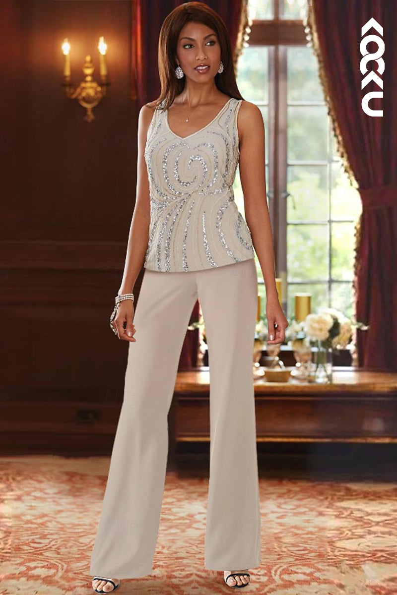 M6255 - Simple & Casual Scoop Three-Piece Chiffon Mother of the Bride Dress