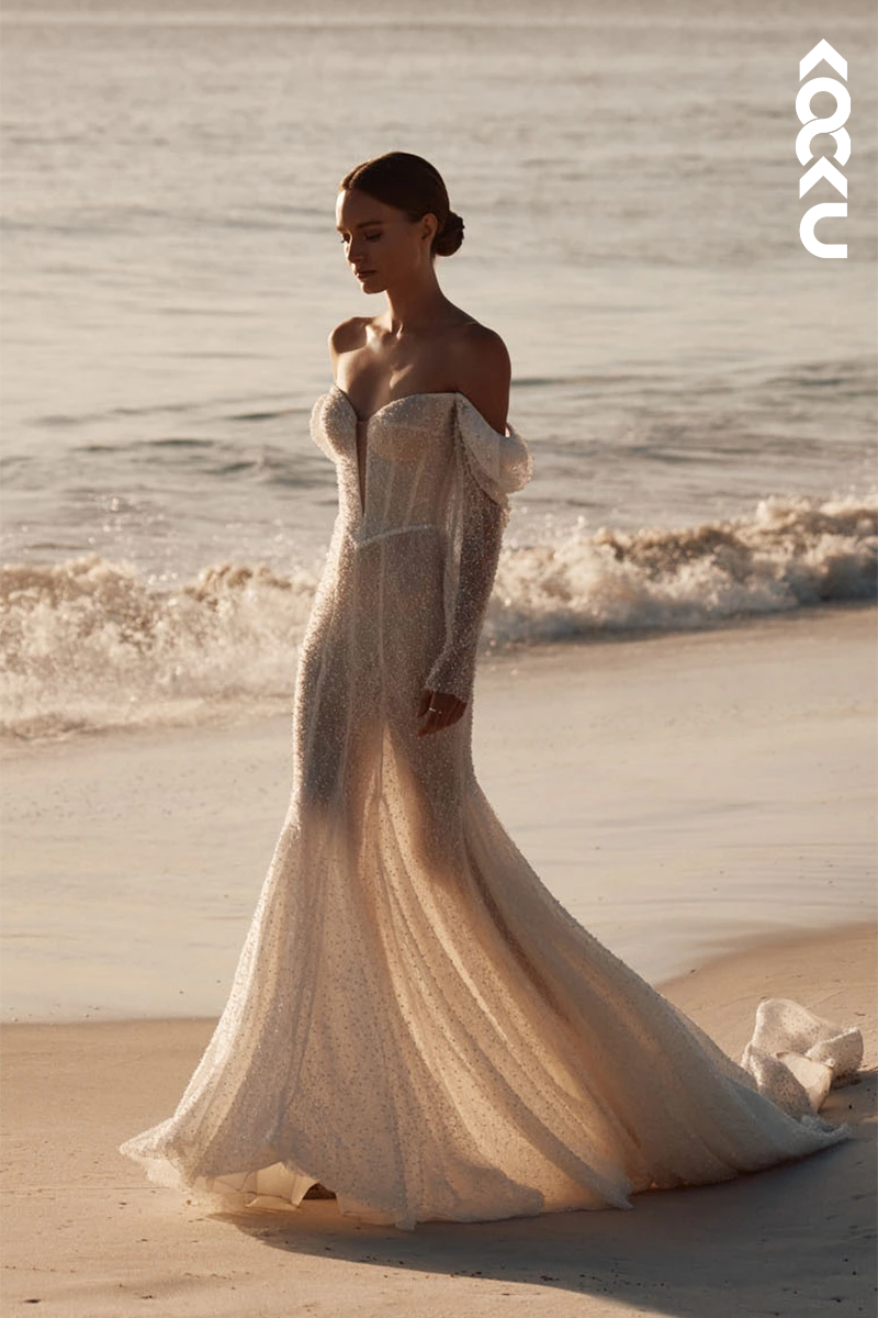 K1858 - Sexy & Hot Sheath Off-Shoulder Fully Beaded Boho Wedding Dress with Long Sleeves and Sweep Train