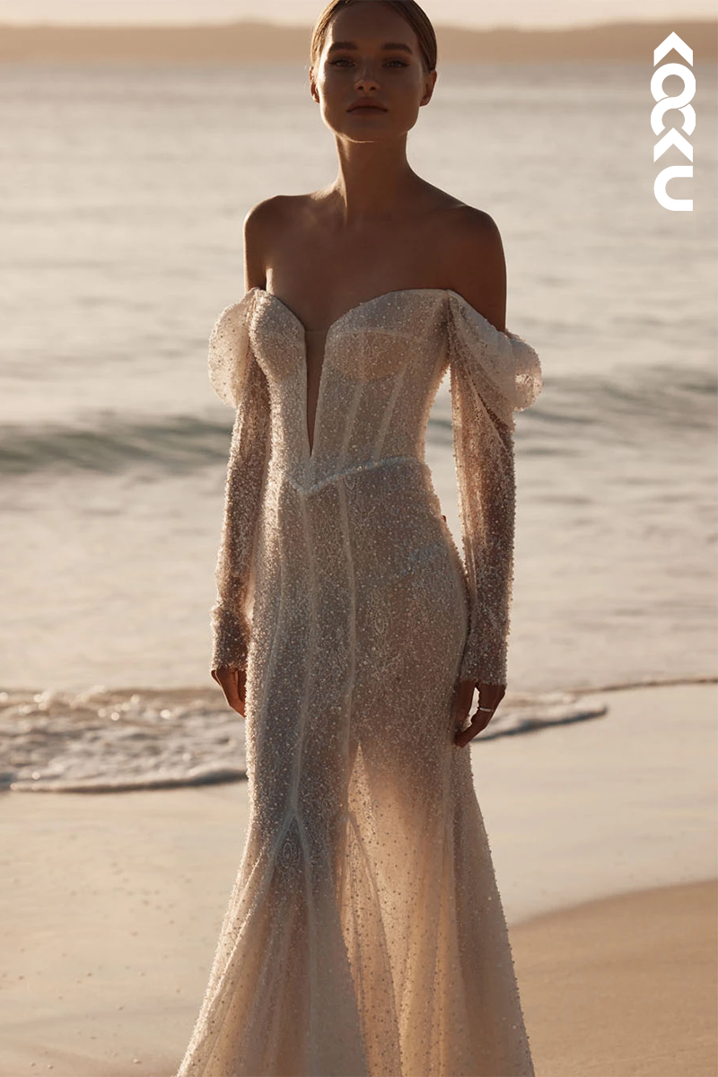 K1858 - Sexy & Hot Sheath Off-Shoulder Fully Beaded Boho Wedding Dress with Long Sleeves and Sweep Train