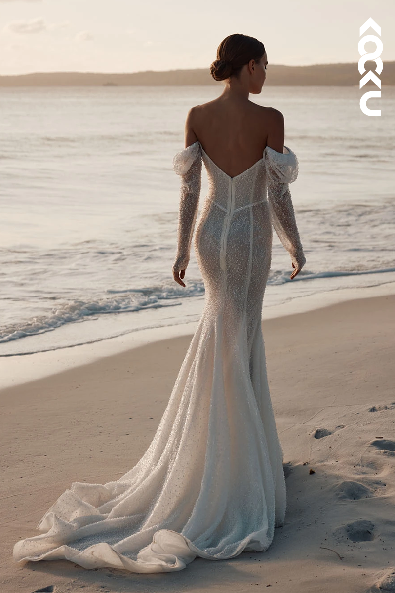 K1858 - Sexy & Hot Sheath Off-Shoulder Fully Beaded Boho Wedding Dress with Long Sleeves and Sweep Train