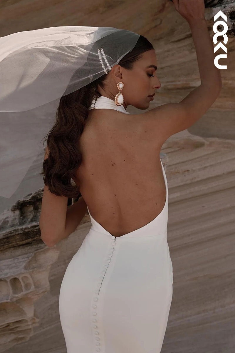 K1914 - Couture & Simple High Neck Sleeveless Backless Sheath Wedding Dress