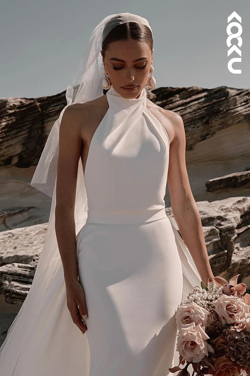 K1914 - Couture & Simple High Neck Sleeveless Backless Sheath Wedding Dress
