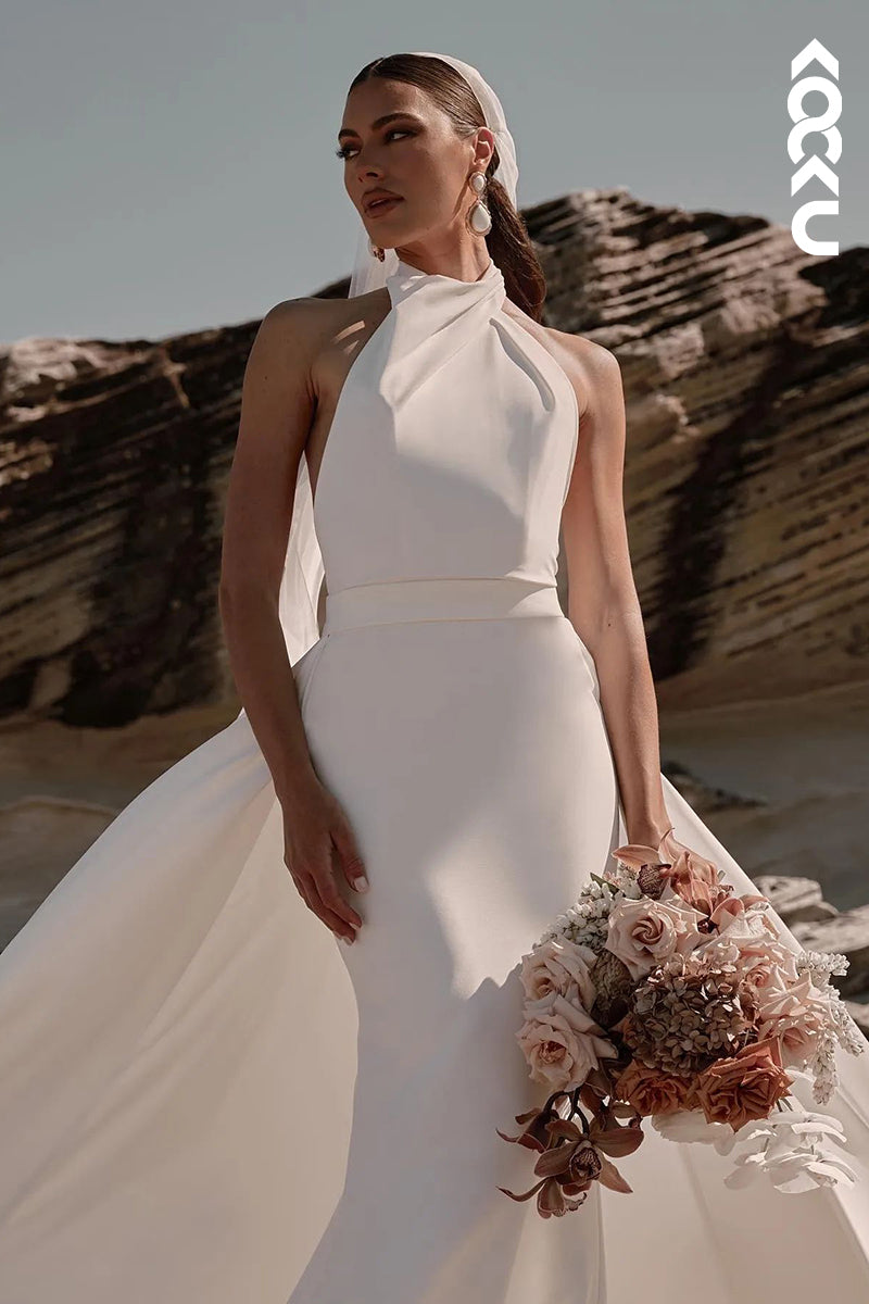 K1914 - Couture & Simple High Neck Sleeveless Backless Sheath Wedding Dress
