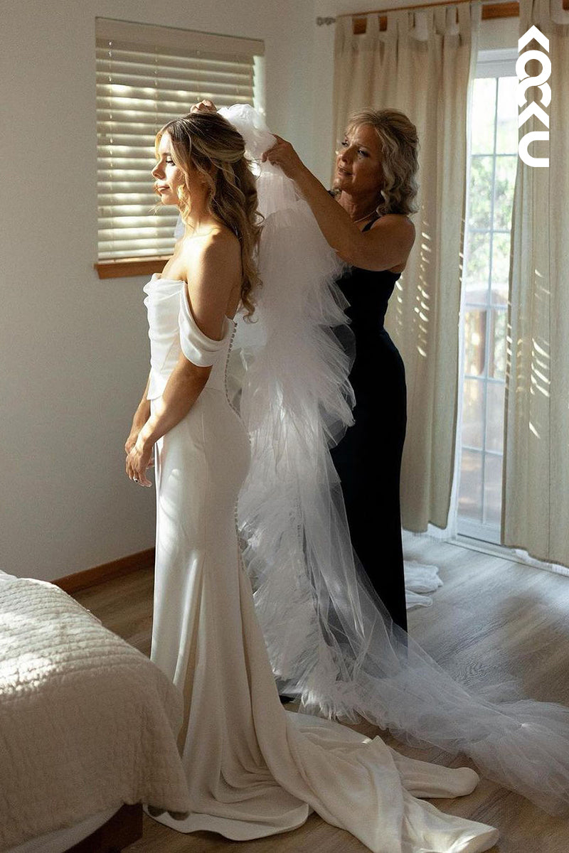 K1915 - Romantic & Elegant Off-Shoulder Cap Sleeves Sheath Wedding Dress
