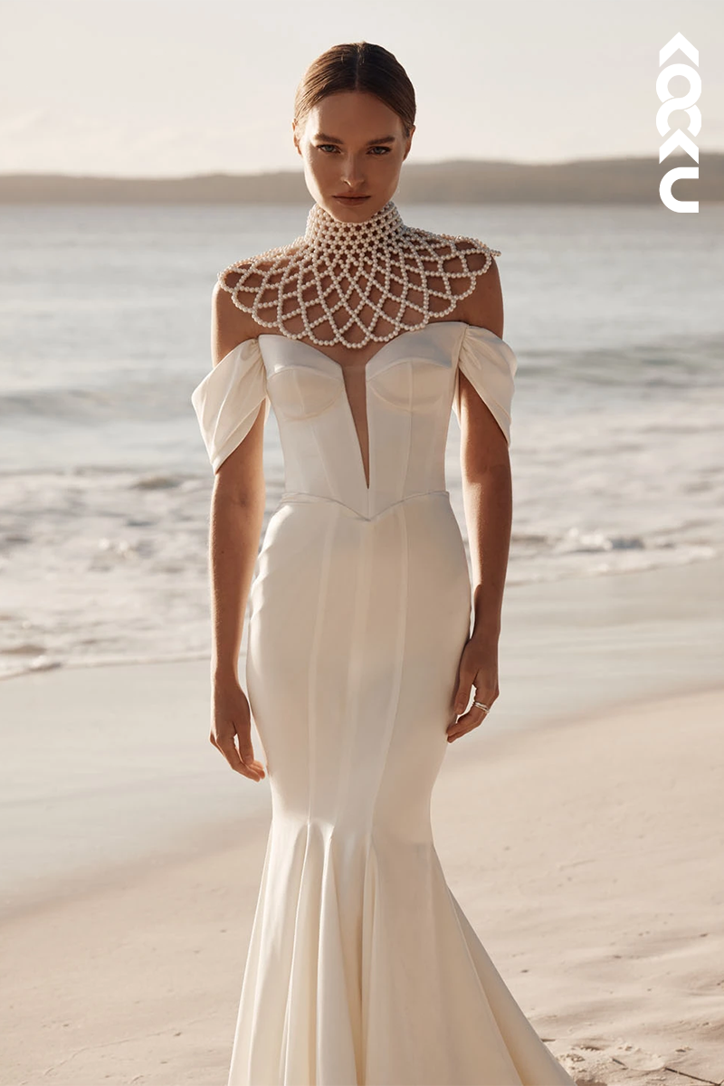 K1857 - Sexy & Hot Trumpet Off Shoulder Detachable Halter with Pearls Boho Wedding Dress with Sweep Train