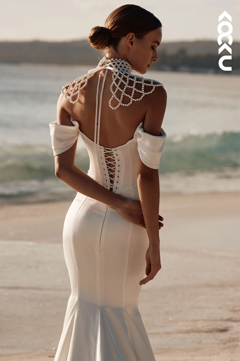 K1857 - Sexy & Hot Trumpet Off Shoulder Detachable Halter with Pearls Boho Wedding Dress with Sweep Train