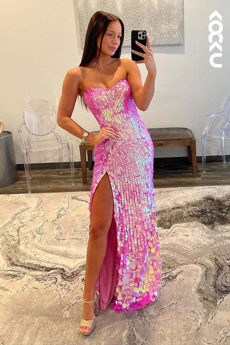 L2601 - Glamorous & Dramatic Off-Shoulder Sleeveless Side Slit Sequins Evening Party Prom Dress
