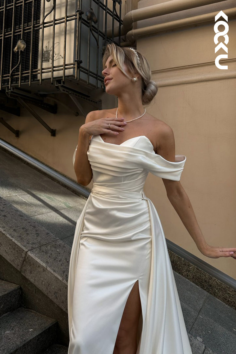 K1909 - Elegant Sheath Sweetheart Cap Sleeves Side Slit Ruched Wedding Dress