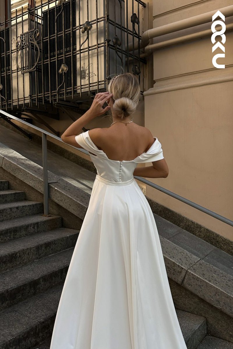 K1909 - Elegant Sheath Sweetheart Cap Sleeves Side Slit Ruched Wedding Dress