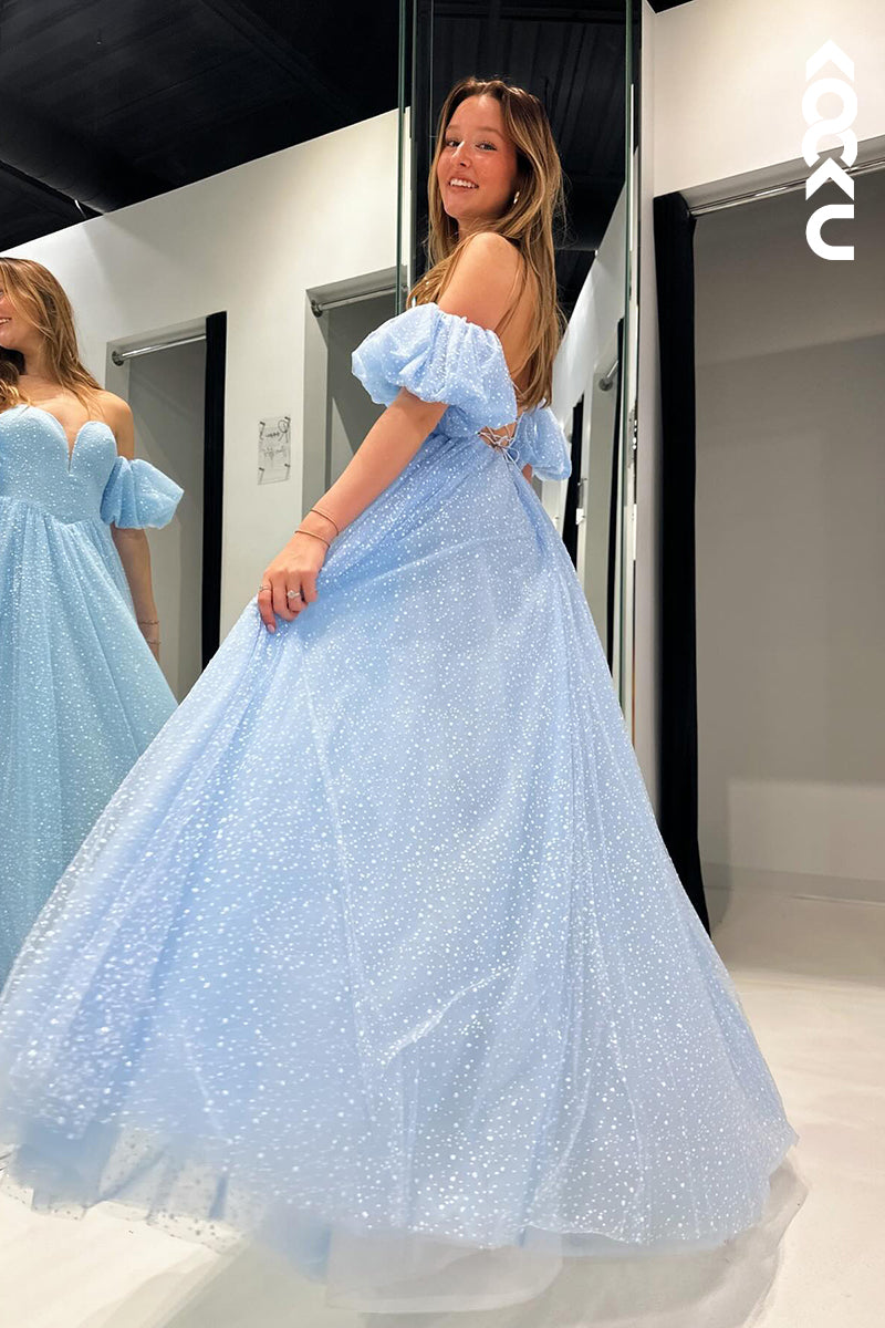 L2855 - Glamorous & Dramatic A-Line Off-Shoulder Cap Sleeves Side Slit Sparkly Prom Dress