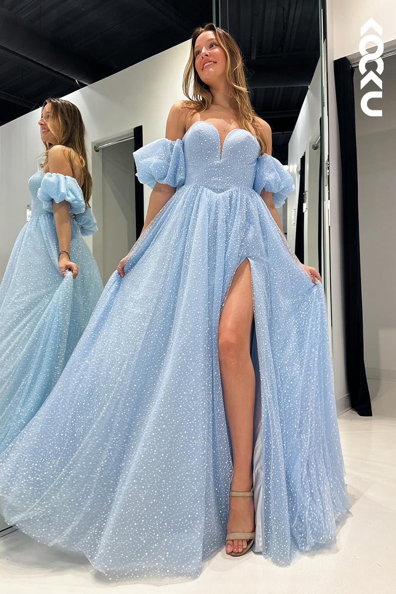 L2855 - Glamorous & Dramatic A-Line Off-Shoulder Cap Sleeves Side Slit Sparkly Prom Dress