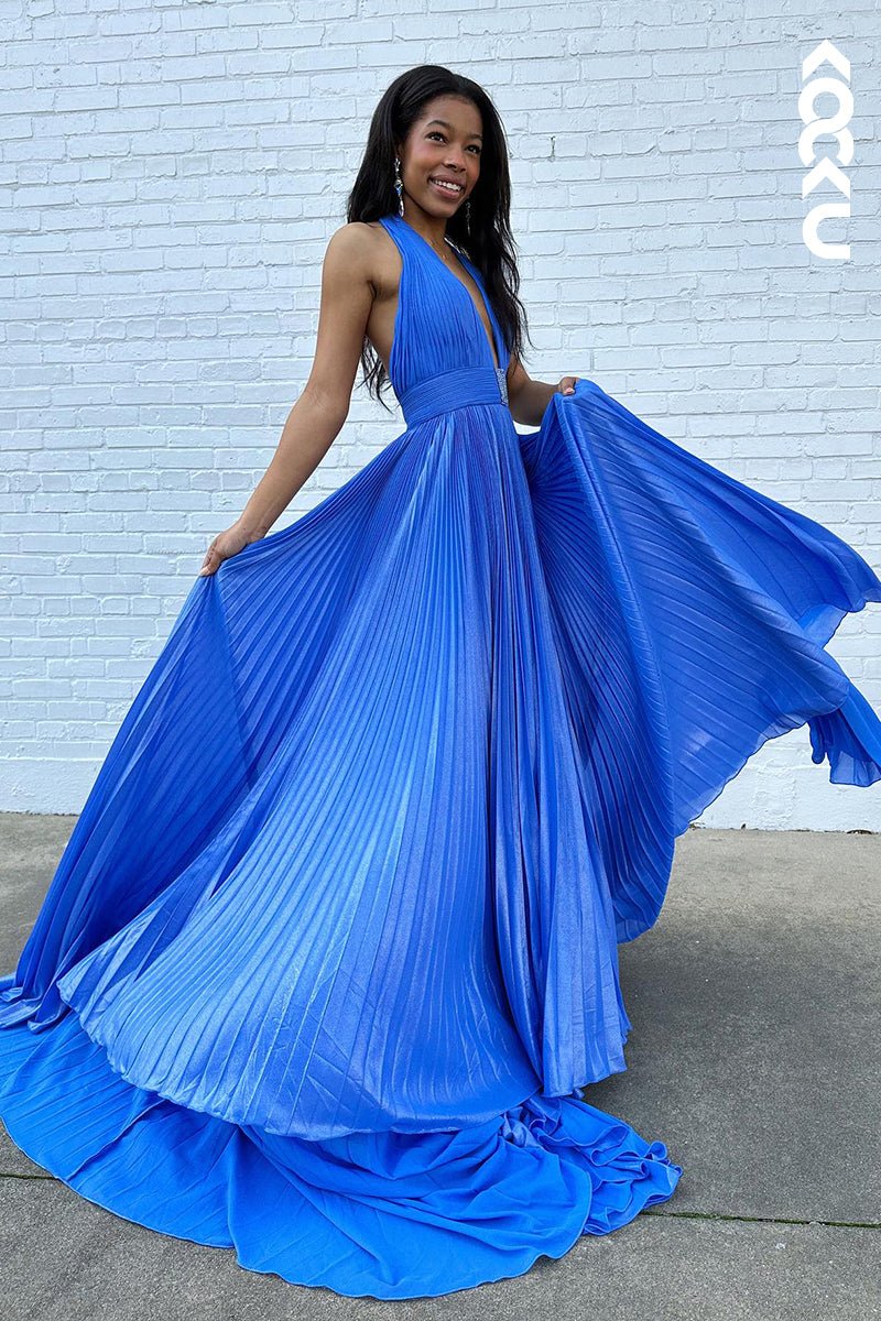 L2938 - Simple & Casual A-Line Halter Sleeveless Side Slit Backless Holiday Party Prom Dress