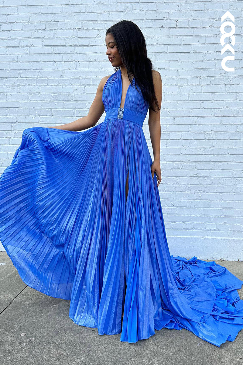 L2938 - Simple & Casual A-Line Halter Sleeveless Side Slit Backless Holiday Party Prom Dress