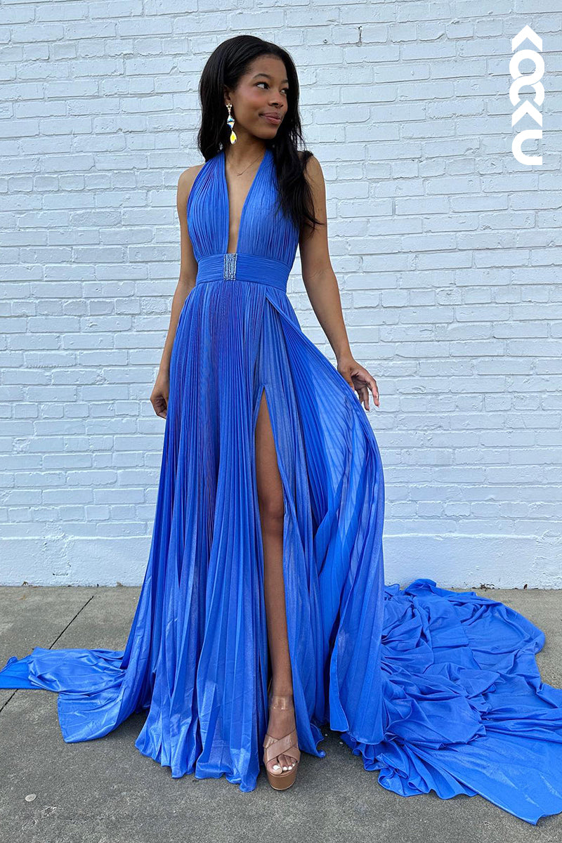 L2938 - Simple & Casual A-Line Halter Sleeveless Side Slit Backless Holiday Party Prom Dress