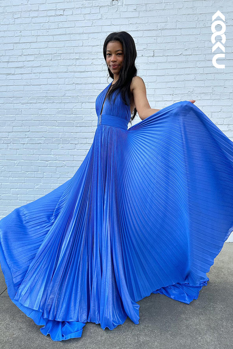 L2938 - Simple & Casual A-Line Halter Sleeveless Side Slit Backless Holiday Party Prom Dress