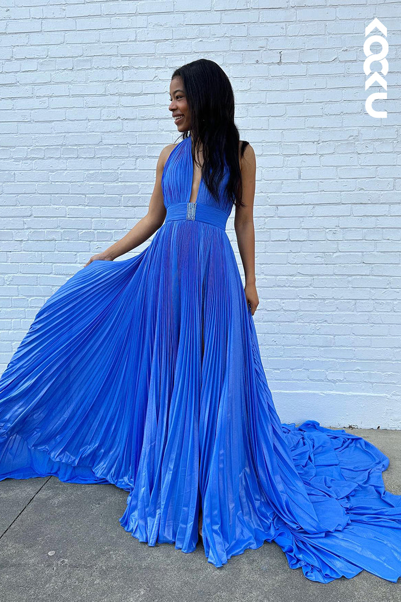 L2938 - Simple & Casual A-Line Halter Sleeveless Side Slit Backless Holiday Party Prom Dress