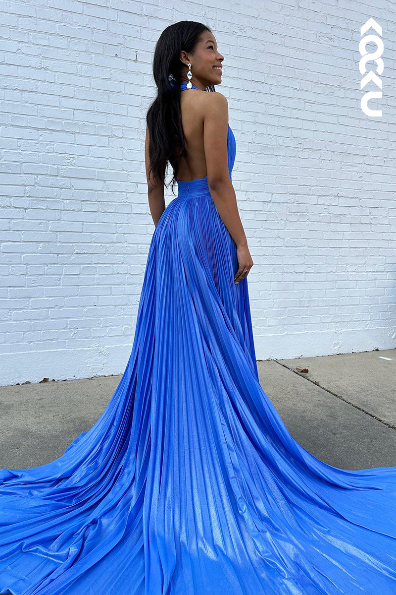 L2938 - Simple & Casual A-Line Halter Sleeveless Side Slit Backless Holiday Party Prom Dress